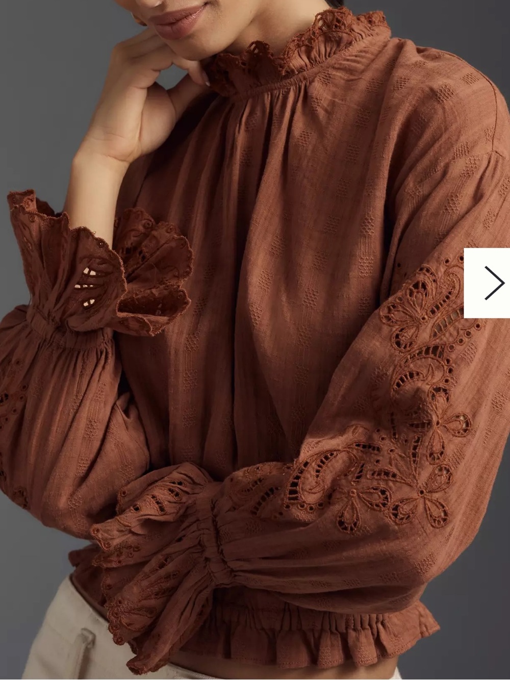 Pilcro Anthropologie Eyelet Lace Sleeve Peasant Blouse Rust Brown Boho Romantic